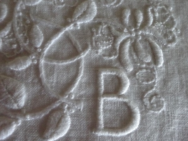 D & B wedding monogram with honeysuckle: detail (hand embroidered by Mary Addison)