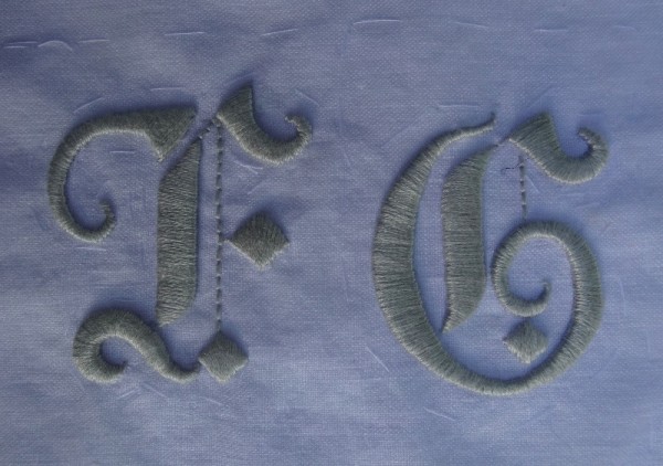 Gothic wedding monogram F G (hand embroidered by Mary Addison)