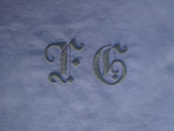 Gothic style F & G wedding monogram (hand embroidered by Mary Addison) 