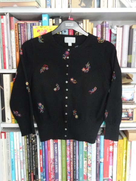 Feather embroidered cashmere cardigan (hand embroidered by Mary Addison)