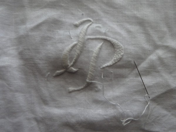Wedding monogram IP: detail  of chain stitch padding (hand embroidered by Mary Addison)