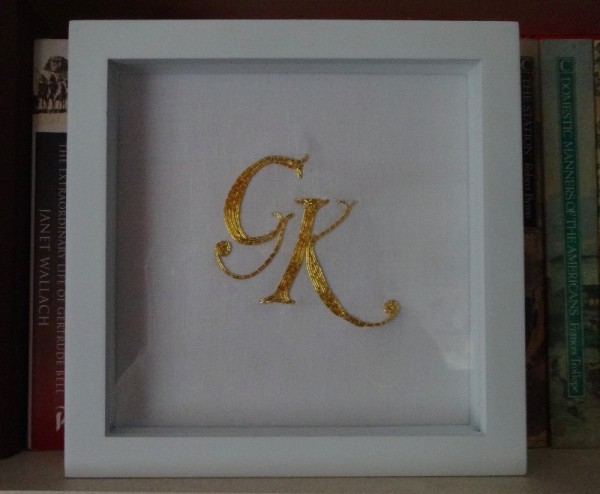 Framed GK monogram (hand embroidered by Mary Addison)