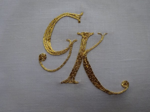 Goldwork GK monogram  (hand embroidered by Mary Addison)