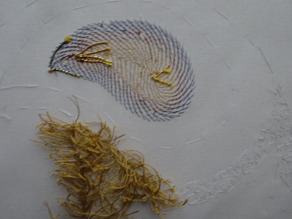 Goldwork sampler: underside - forest of  plunged  threads awaiting treatment