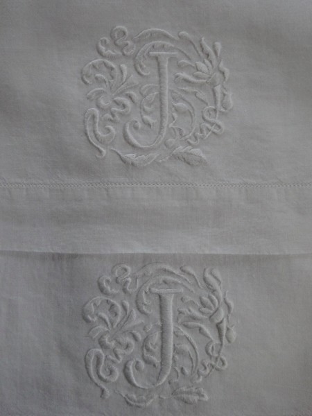 Hand towels with embroidered J monogram (hand embroidered by Mary Addison)