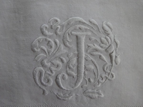 Hand towel with J monogram in Renaissance style (hand embroidered by Mary Addison)