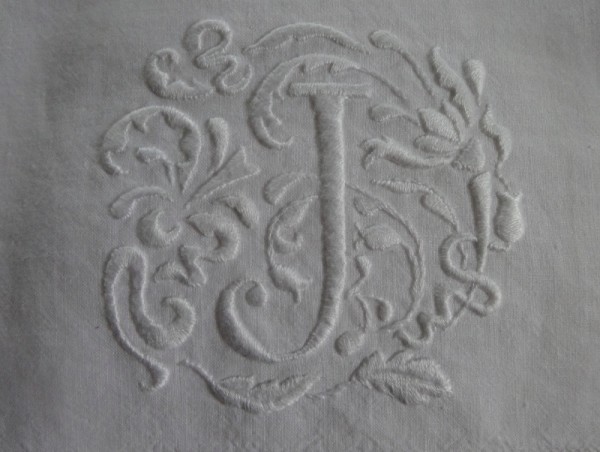 Hand towel No 2 with J monogram in Renaissance style (hand embroidered by Mary Addison)