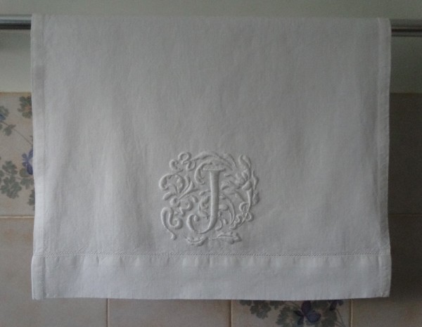 Hand towel with J monogram in Renaissance style (hand embroidered by Mary Addison)