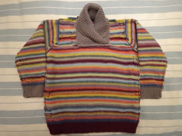 Striped jumper Debbie Bliss baby cashmerino 4: inside  out showing loose ends woven in