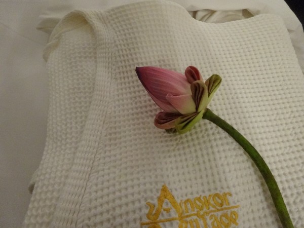 Lotus flower - one left on each of our beds  in Angkor Village Resort, Siem Reap, Cambodia