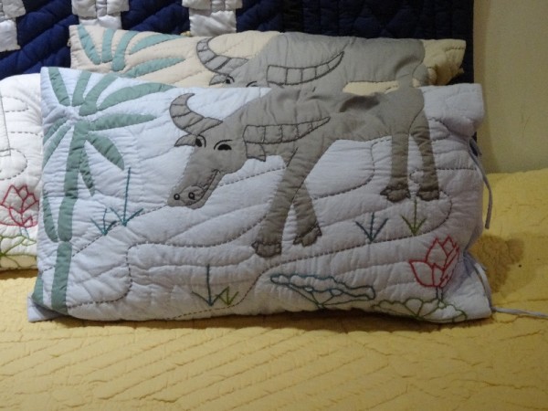 Mekong Quilts: Water buffalo cushion cover (hand appliquéd and quilted)
