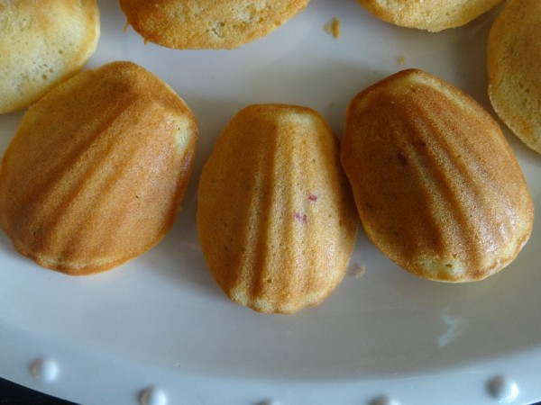 Lime Madeleines with raspberry centres