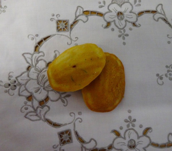 Lime Madeleines with raspberry centres