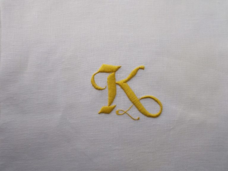 An embroidered alphabet letter K Addison Embroidery at the Vicarage