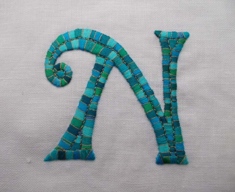 An embroidered alphabet letter N Addison Embroidery at the Vicarage